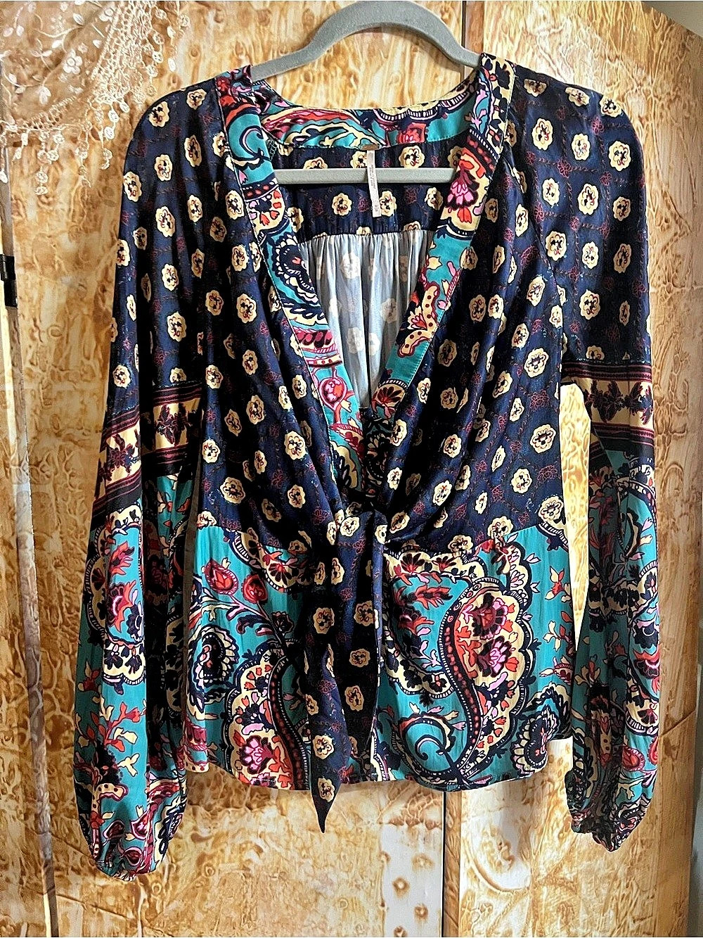 Free People Floral Tie-Front Blouse in Blue & Turquoise Size Medium
